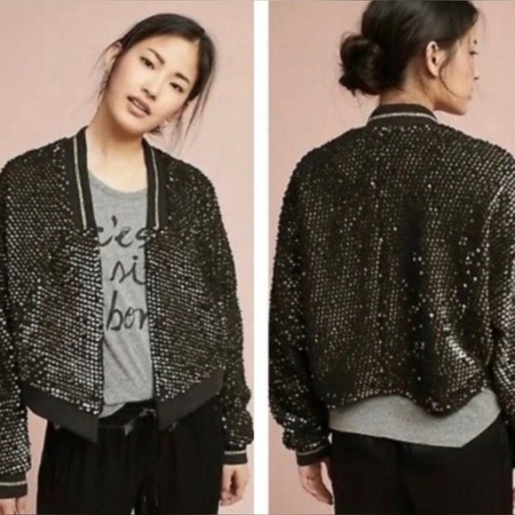 Anthropologie ett:twa Elora Sequin Teddy Bomber Jacket Black Gold Medium - Picture 1 of 7